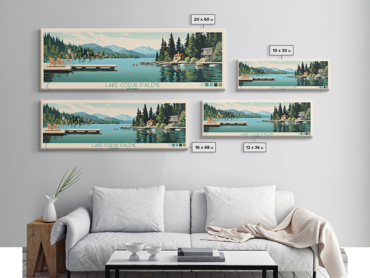 Lake Coeur dAlene Idaho Framed Canvas Print, Panoramic Art, Midcentury Modern, Pop Art, Living Room Wall Art, Travel Poster, Lake House Decor