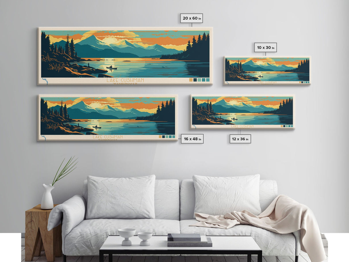 Lake Cushman Washington Framed Canvas Print, Panoramic Wall Art, Midcentury Modern, Pop Art, Bedroom Decor, Travel Poster, Living Room Art