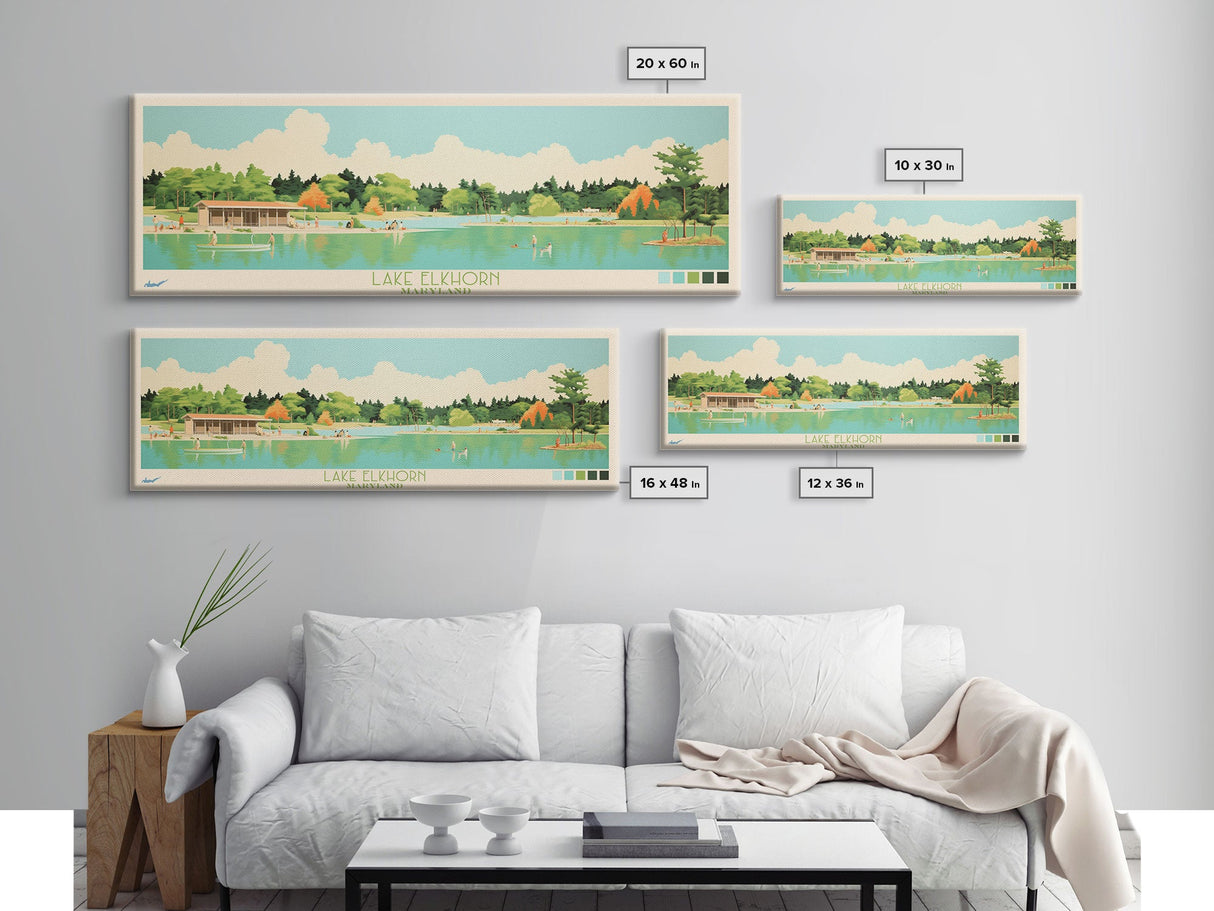 Lake Elkhorn Maryland Framed Canvas Print, Panoramic Wall Art, Midcentury Modern, Pop Art, Bedroom Decor, Travel Poster, Living Room Art