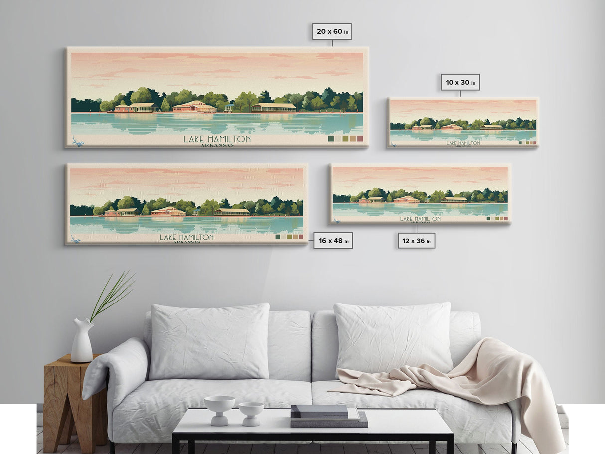 Lake Hamilton Arkansas Framed Canvas Print, Panoramic Wall Art, Midcentury Modern, Pop Art, Bedroom Art, Travel Poster, Living Room Decor