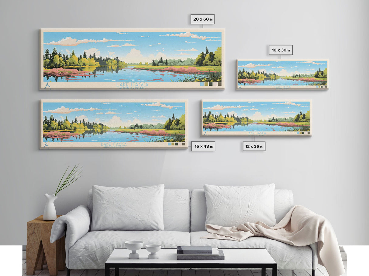 Lake Itasca Minneapolis Framed Canvas Print, Panoramic Wall Art, Midcentury Modern, Pop Art, Lake House Decor, Travel Poster, Bedroom Art