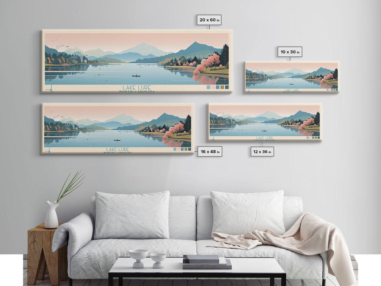 Lake Lure North Carolina Framed Canvas Print, Panoramic Wall Art, Midcentury Modern, Pop Art, Living Room Decor, Travel Poster