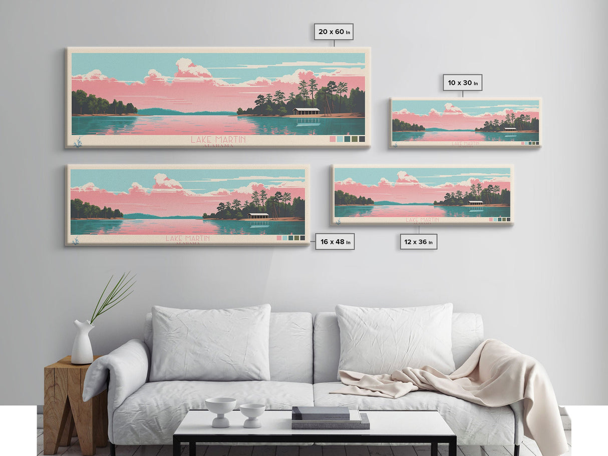 Lake Martin Alabama Framed Canvas Print, Panoramic Wall Art, Midcentury Modern, Pop Art, Living Room Decor, Travel Poster