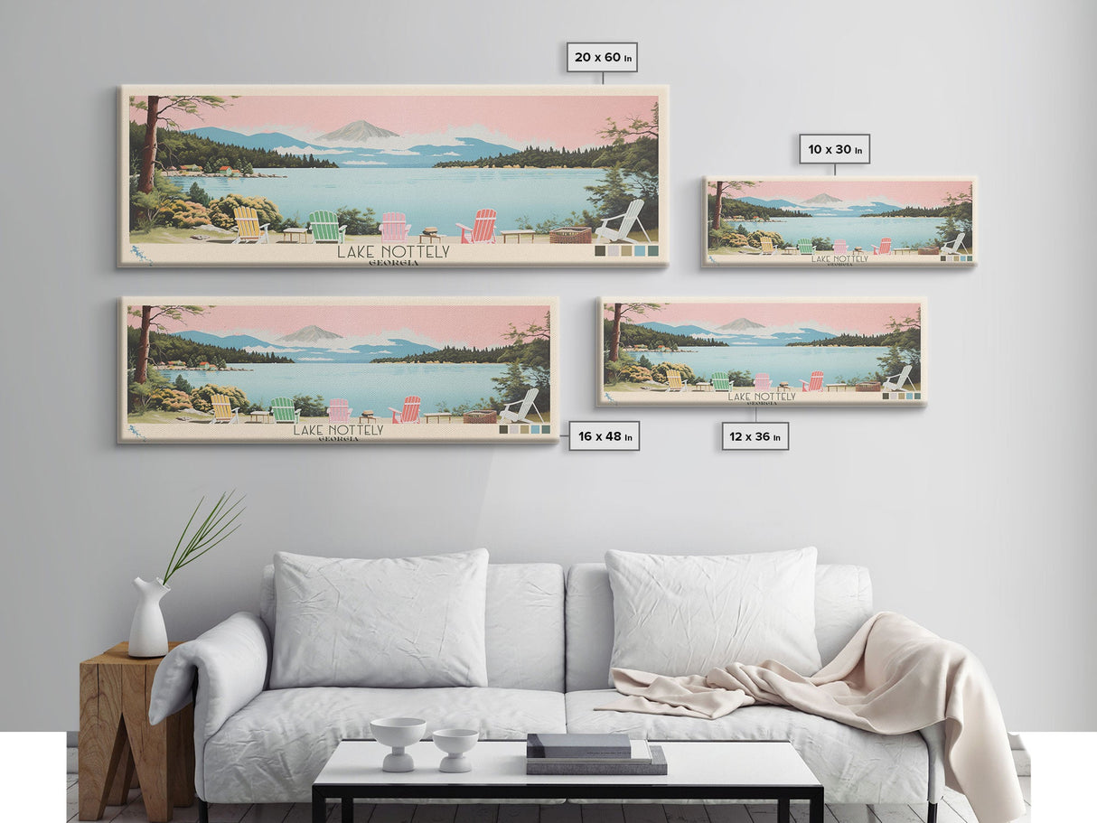 Lake Nottely Georgia Framed Canvas Print, Panoramic Wall Art, Midcentury Modern, Pop Art, Living Room Decor, Travel Poster, Lake House Art