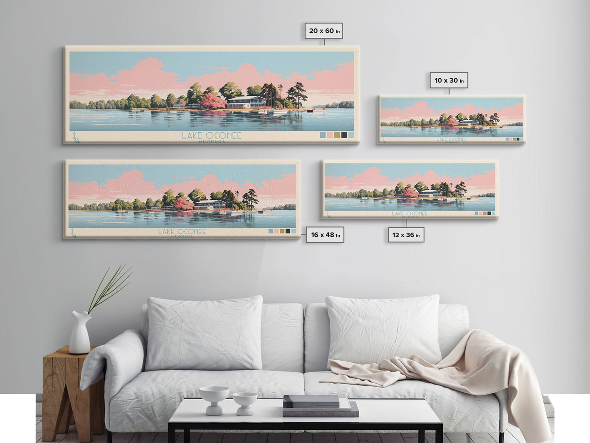 Lake Oconee Georgia Framed Canvas Print, Panoramic Wall Art, Midcentury Modern, Pop Art, Living Room Decor, Travel Poster, Lake House Art