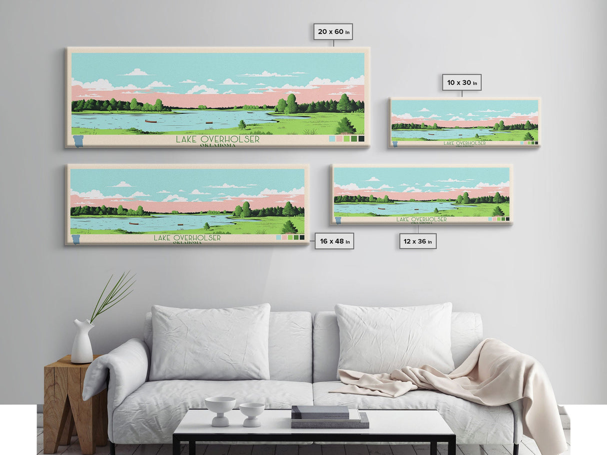 Lake Overholser Oklahoma Framed Canvas Print, Panoramic Wall Art, Midcentury Modern, Pop Art, Bedroom Art, Travel Poster, Lake House Decor