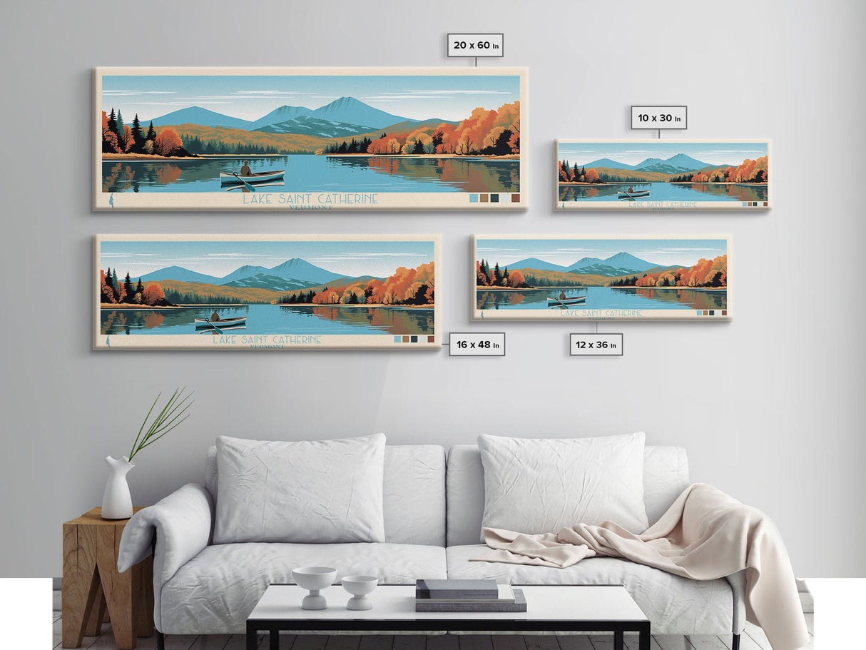 Lake Saint Catherine Vermont Framed Canvas Print, Panoramic Wall Art, Midcentury Modern, Pop Art, Living Room Decor, Travel Poster, Lake House Art