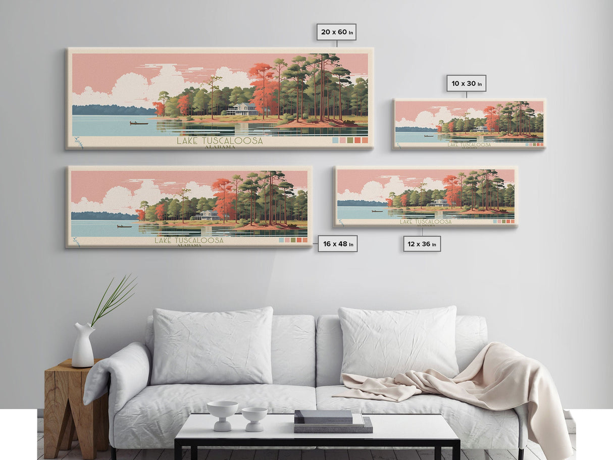 Lake Tuscaloosa, Alabama Panoramic Wall Art Framed Canvas Print, Midcentury Modern, Pop Art, Home Decor, Travel Poster, Bedroom Art