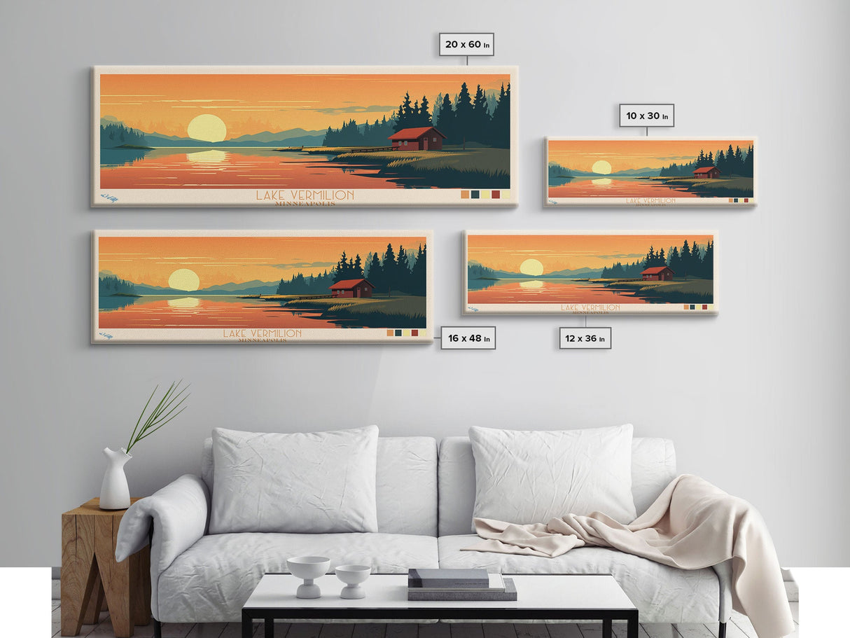 Lake Vermilion, Minneapolis Panoramic Wall Art Framed Canvas Print, Midcentury Modern, Pop Art, Home Decor, Travel Poster, Bedroom Art