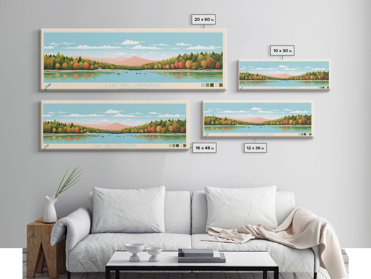 Lake Wallenpaupack, Pennsylvania Panoramic Wall Art Framed Canvas Print, Midcentury Modern, Pop Art, Home Decor, Travel Poster, Living Room Art