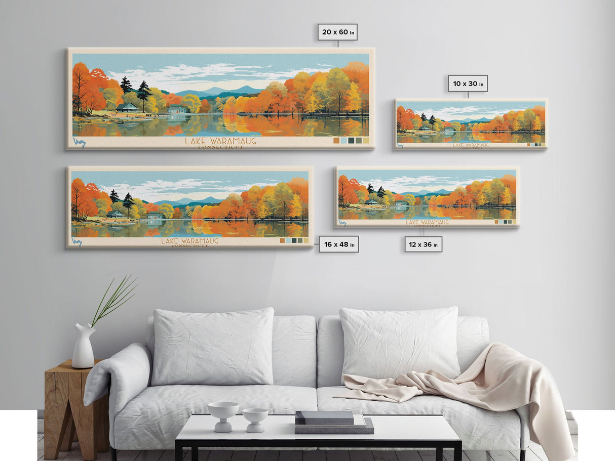 Lake Waramaug, Connecticut Panoramic Wall Art Framed Canvas Print, Midcentury Modern, Pop Art, Home Decor, Travel Poster, Living Room Art