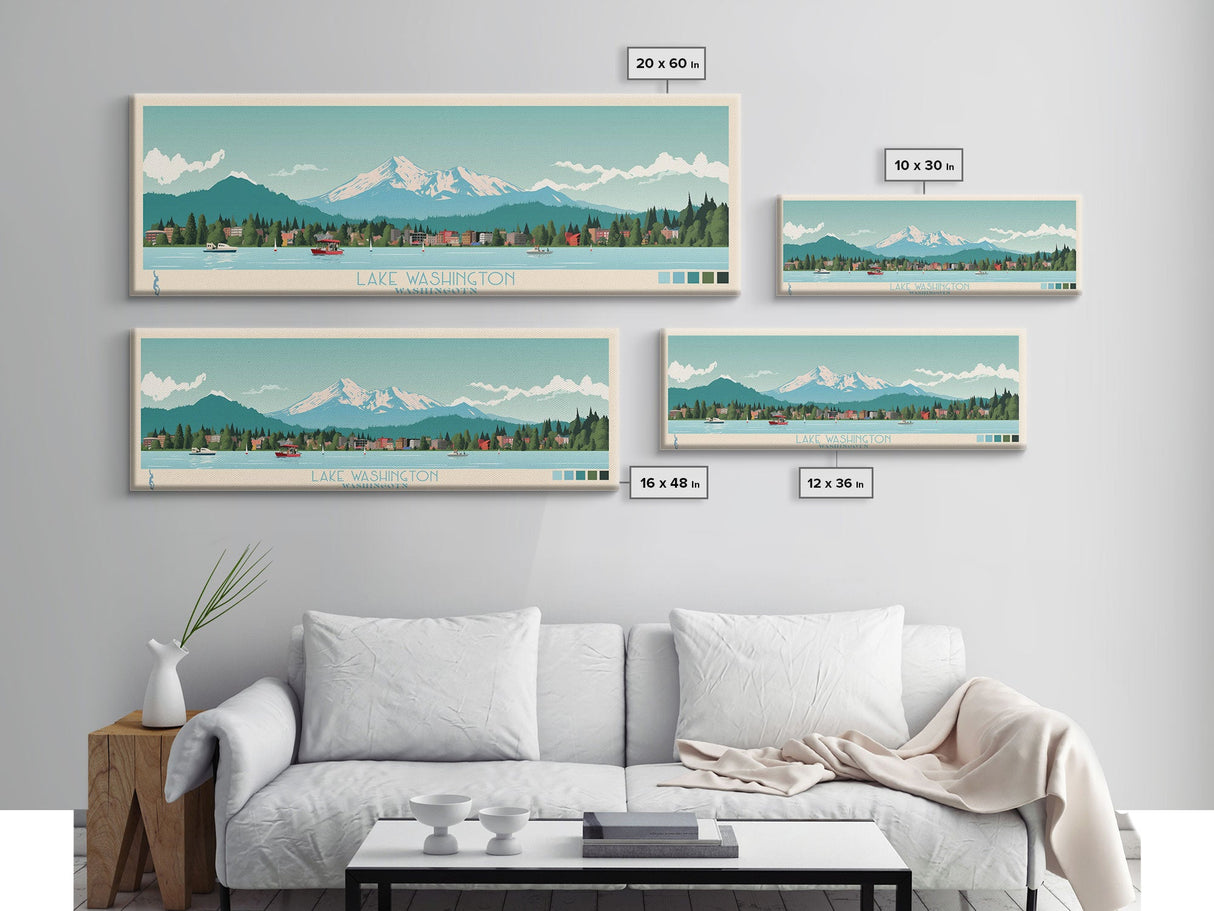 Lake Washington, Washington Panoramic Wall Art Framed Canvas Print, Midcentury Modern, Pop Art, Home Decor, Travel Poster, Bedroom Art