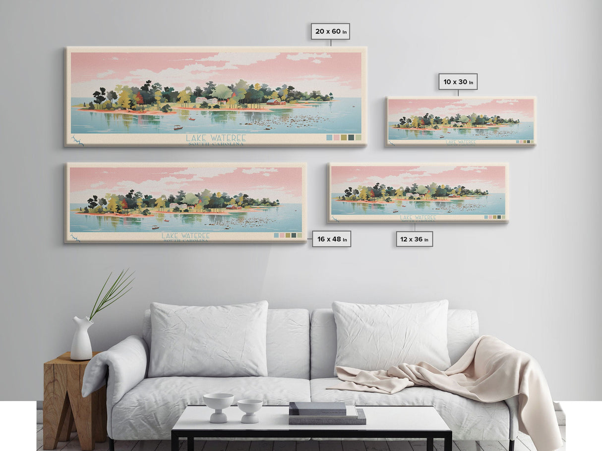 Lake Wateree, South Carolina Panoramic Wall Art Framed Canvas Print, Midcentury Modern, Pop Art, Home Decor, Travel Poster, Living Room Art