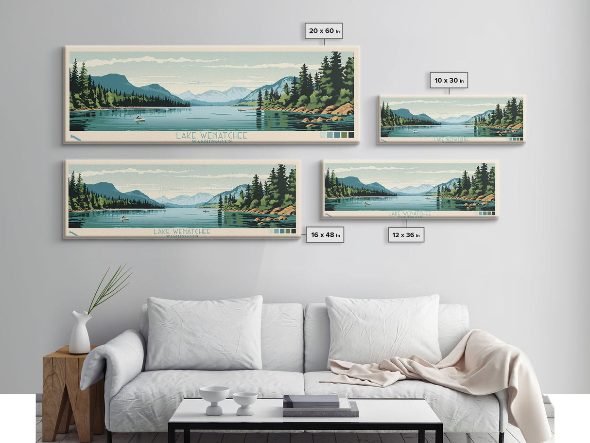 Lake Wenatchee, Washington Panoramic Wall Art Framed Canvas Print, Midcentury Modern, Pop Art, Home Decor, Travel Poster, Bedroom Art