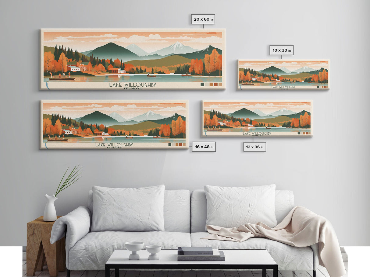 Lake Willoughby, Vermont Panoramic Wall Art Framed Canvas Print, Midcentury Modern, Pop Art, Home Decor, Travel Poster, Living Room Art