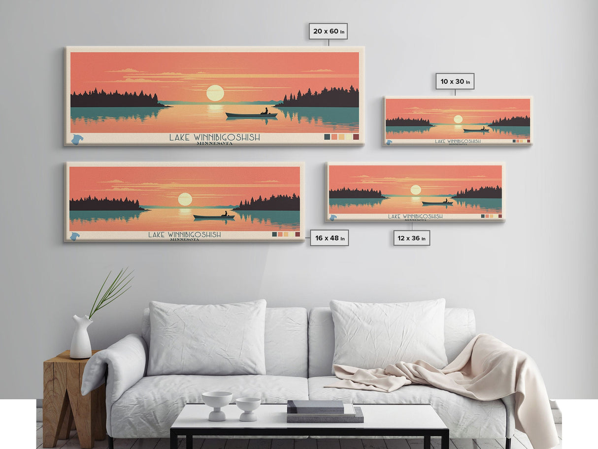 Lake Winnibigoshish, Minnesota Panoramic Wall Art Framed Canvas Print, Midcentury Modern, Pop Art, Home Decor, Travel Poster, Bedroom Art