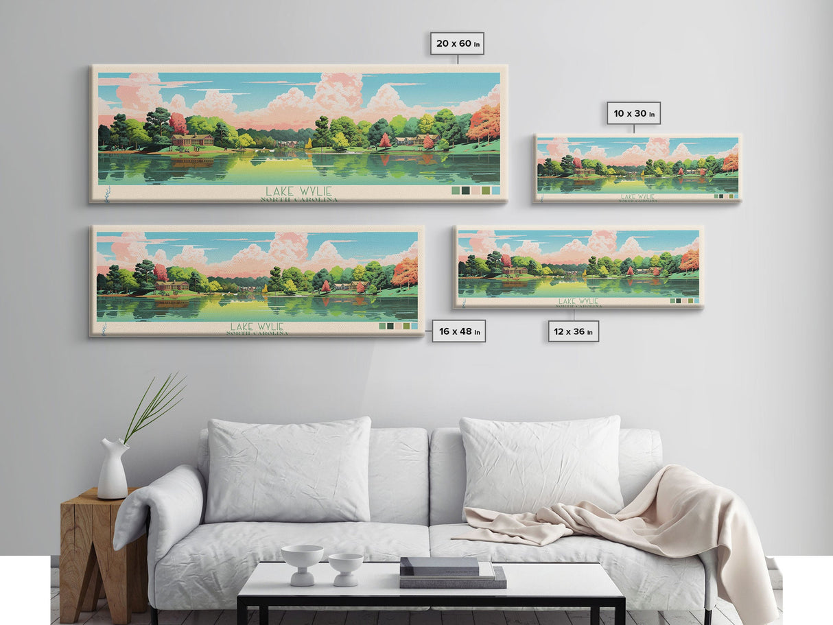 Lake Wylie, North Carolina Panoramic Wall Art Framed Canvas Print, Midcentury Modern, Pop Art, Home Decor, Travel Poster, Bedroom Art