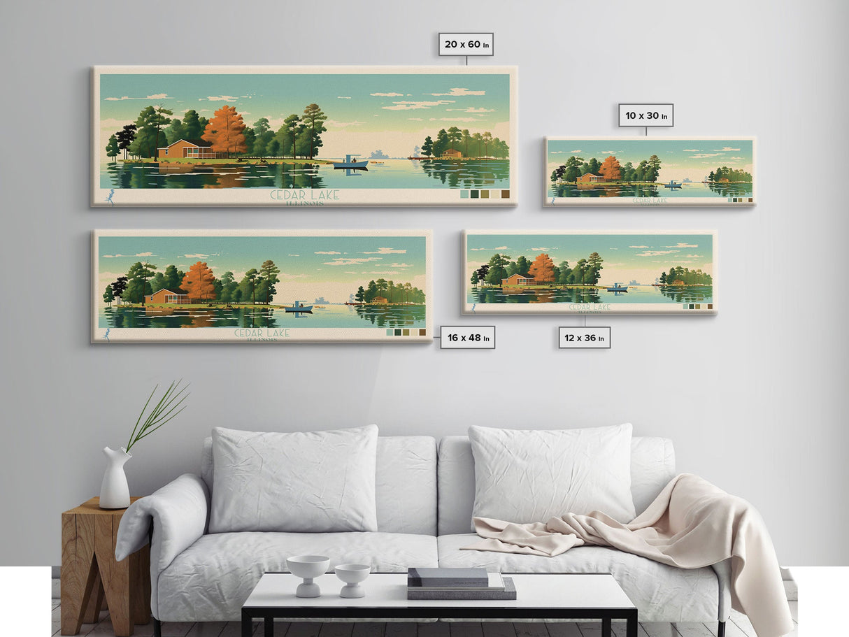 Lakes Cedar, Illinois Panoramic Wall Art Framed Canvas Print, Midcentury Modern, Pop Art, Home Decor, Travel Poster, Bedroom Art