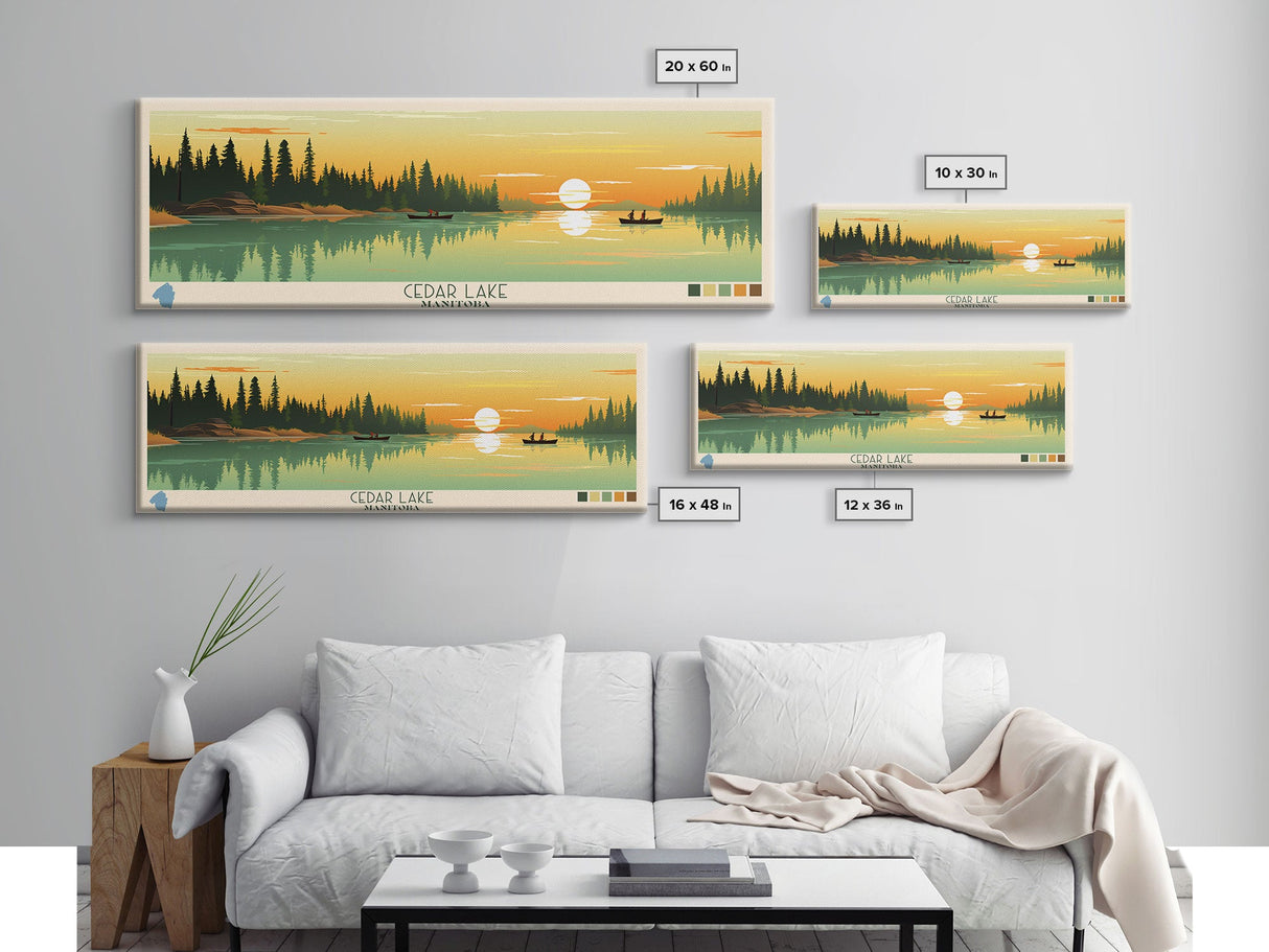 Lakes Cedar, Manitoba Panoramic Wall Art Framed Canvas Print, Midcentury Modern, Pop Art, Home Decor, Travel Poster, Living Room Art