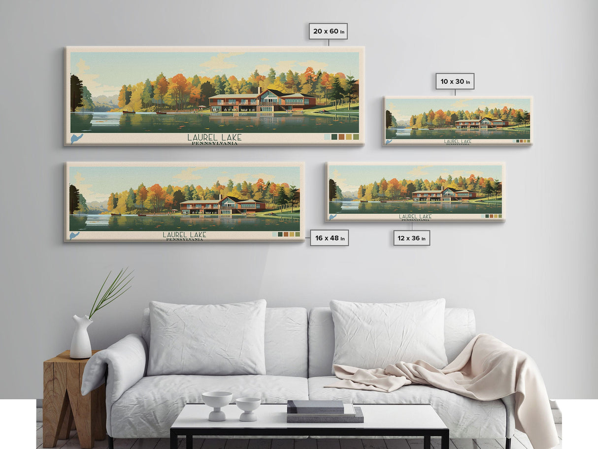 Laurel Lake, Pennsylvania Panoramic Wall Art Framed Canvas Print, Midcentury Modern, Pop Art, Home Decor, Travel Poster, Bedroom Art