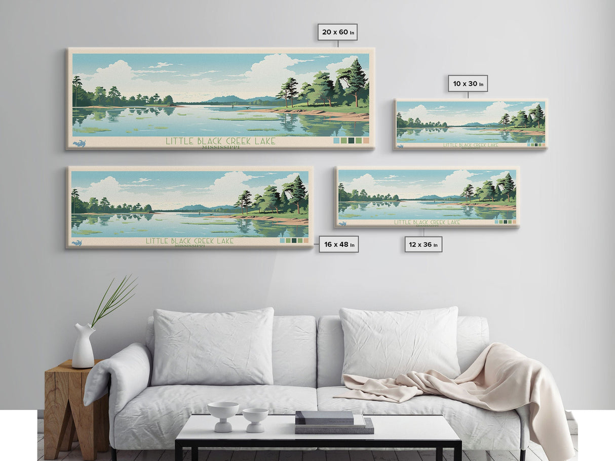 Little Black Creek Lake, Mississippi Panoramic Wall Art Framed Canvas Print, Midcentury Modern, Pop Art, Home Decor, Travel Poster, Bedroom Art