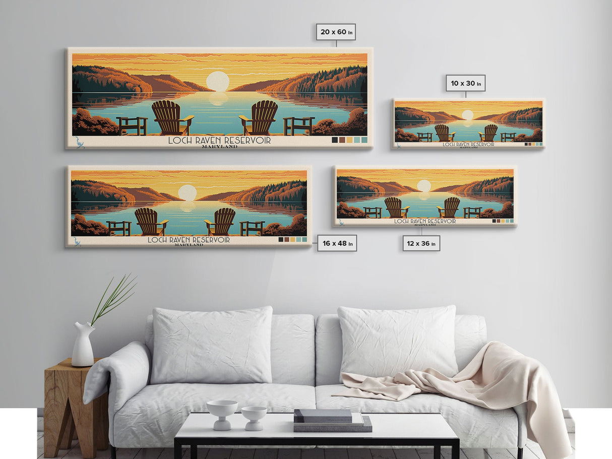 Loch Raven Reservoir, Maryland Panoramic Wall Art Framed Canvas Print, Midcentury Modern, Pop Art, Home Decor, Travel Poster, Living Room Art