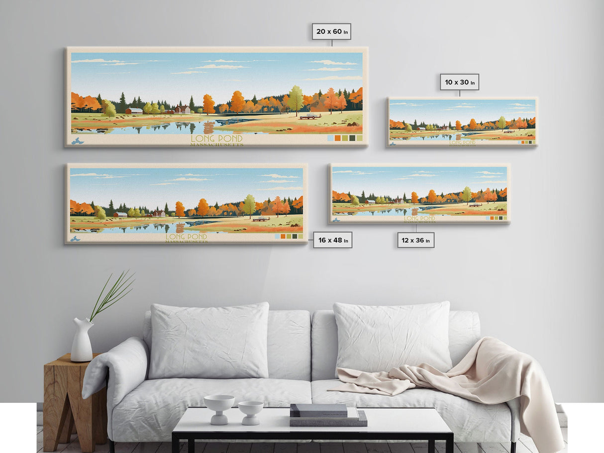 Long Pond, Massachusetts Panoramic Wall Art Framed Canvas Print, Midcentury Modern, Pop Art, Home Decor, Travel Poster, Bedroom Art