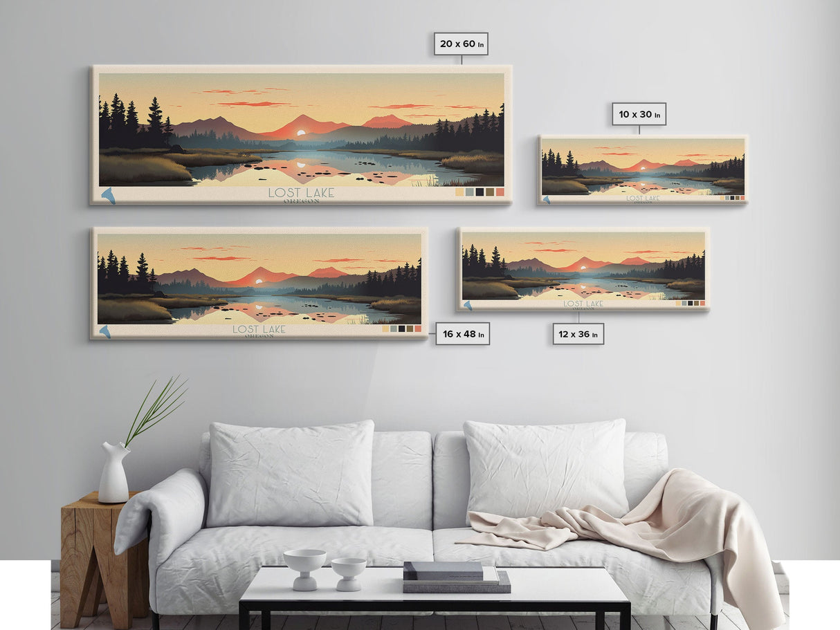 Lost Lake, Oregon Panoramic Wall Art Framed Canvas Print, Midcentury Modern, Pop Art, Home Decor, Travel Poster, Bedroom Art