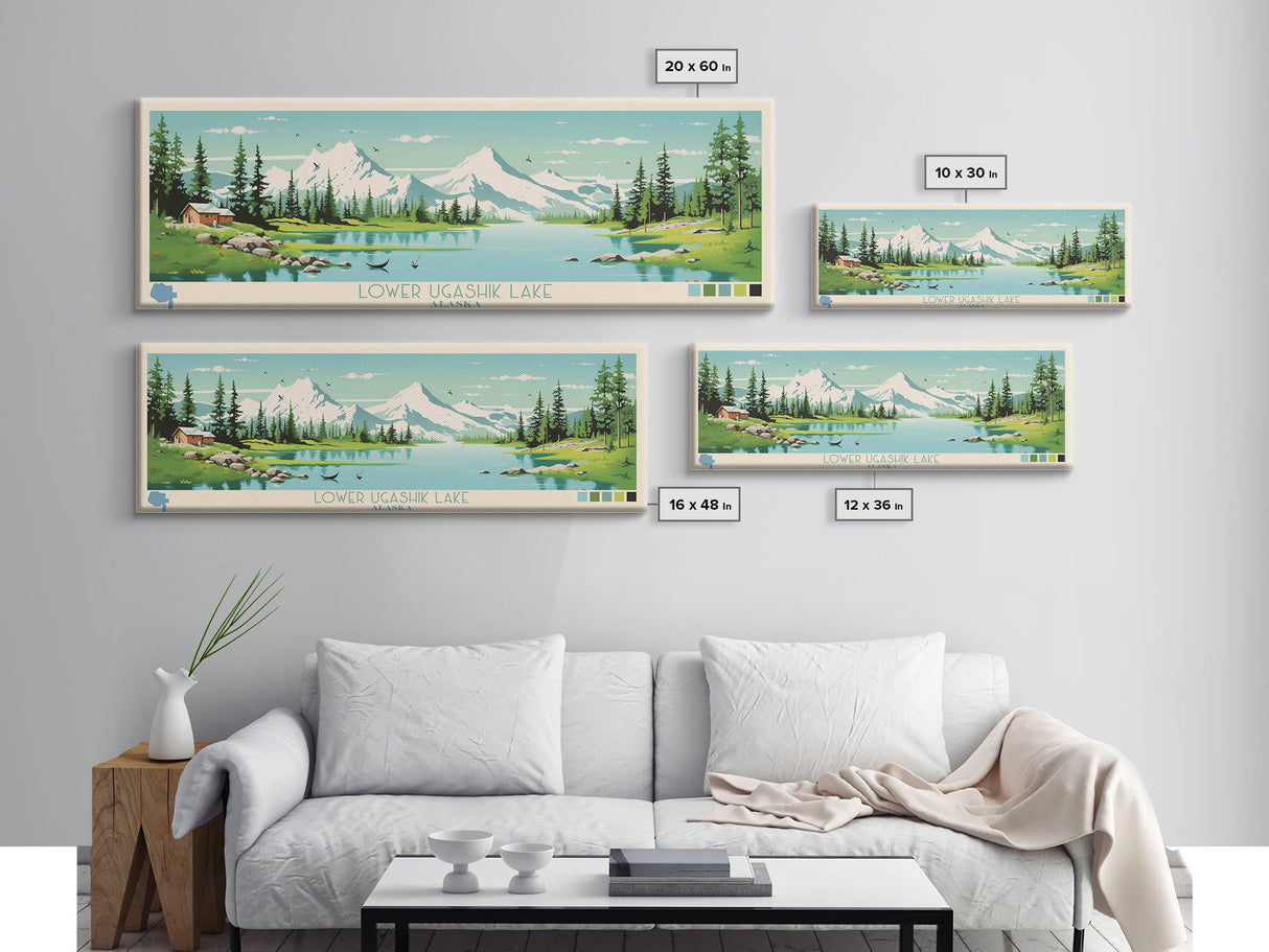 Lower Ugashik Lake, Alaska Panoramic Wall Art Framed Canvas Print, Midcentury Modern, Pop Art, Home Decor, Travel Poster, Bedroom Art