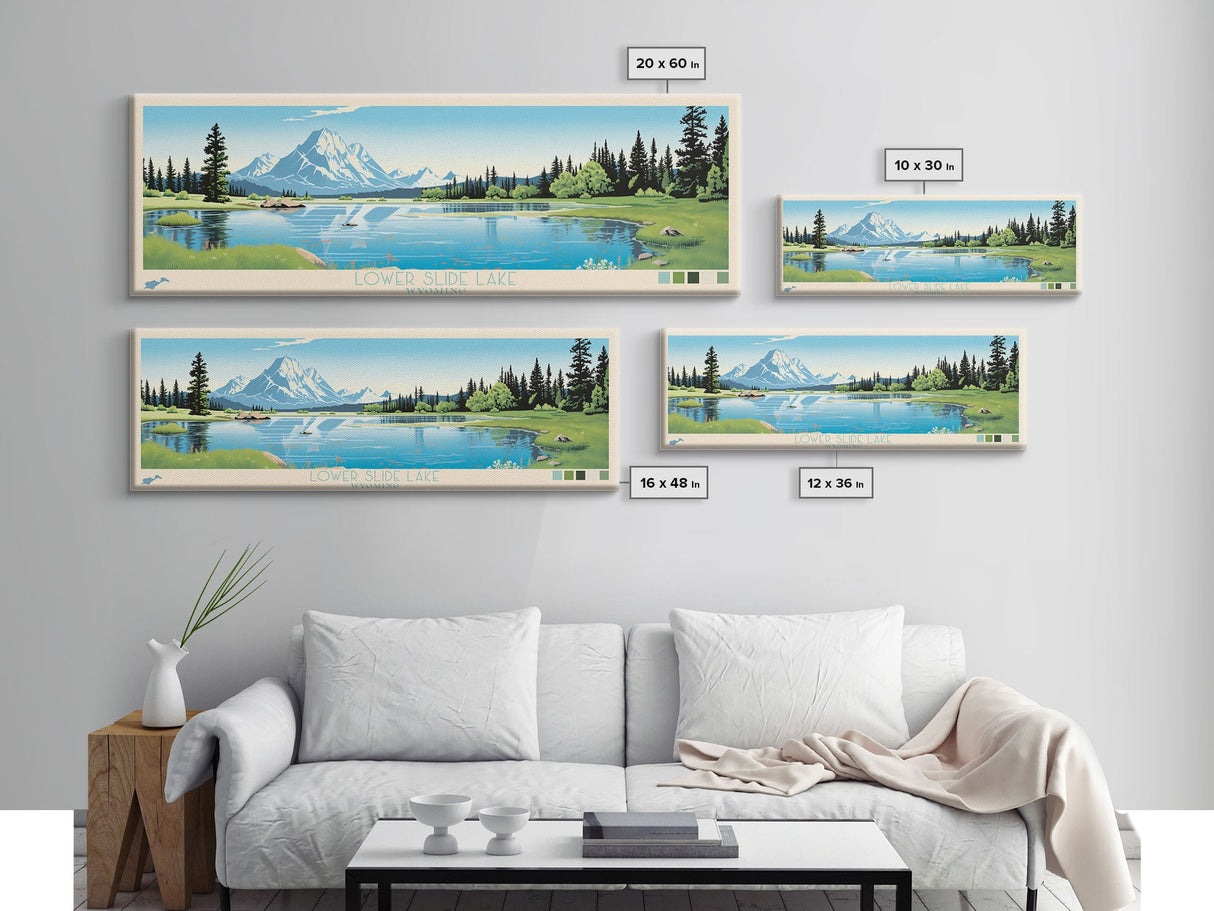 Lower Slide Lake, Wyoming Panoramic Wall Art Framed Canvas Print, Midcentury Modern, Pop Art, Home Decor, Travel Poster, Living Room Art