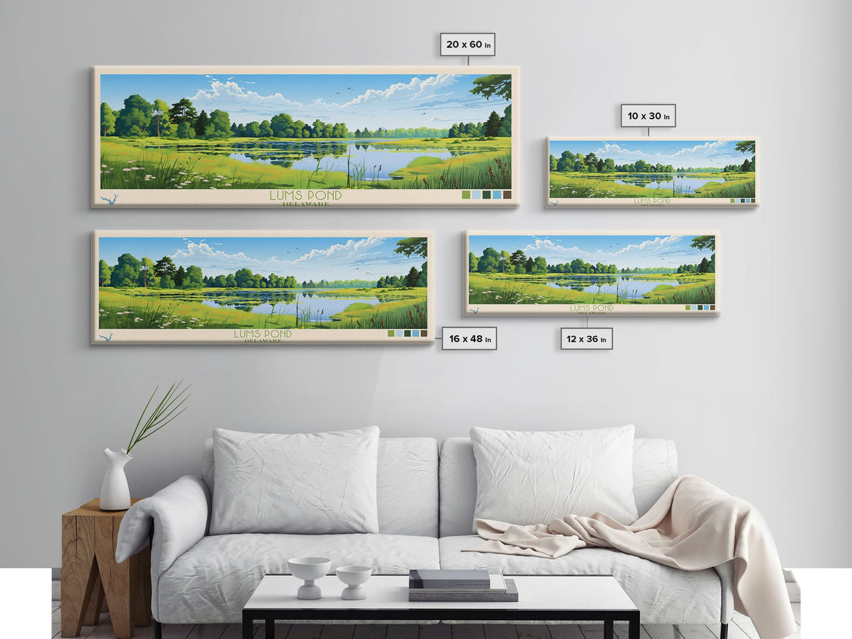 Lums Pond, Delaware Panoramic Wall Art Framed Canvas Print, Midcentury Modern, Pop Art, Home Decor, Travel Poster, Living Room Art