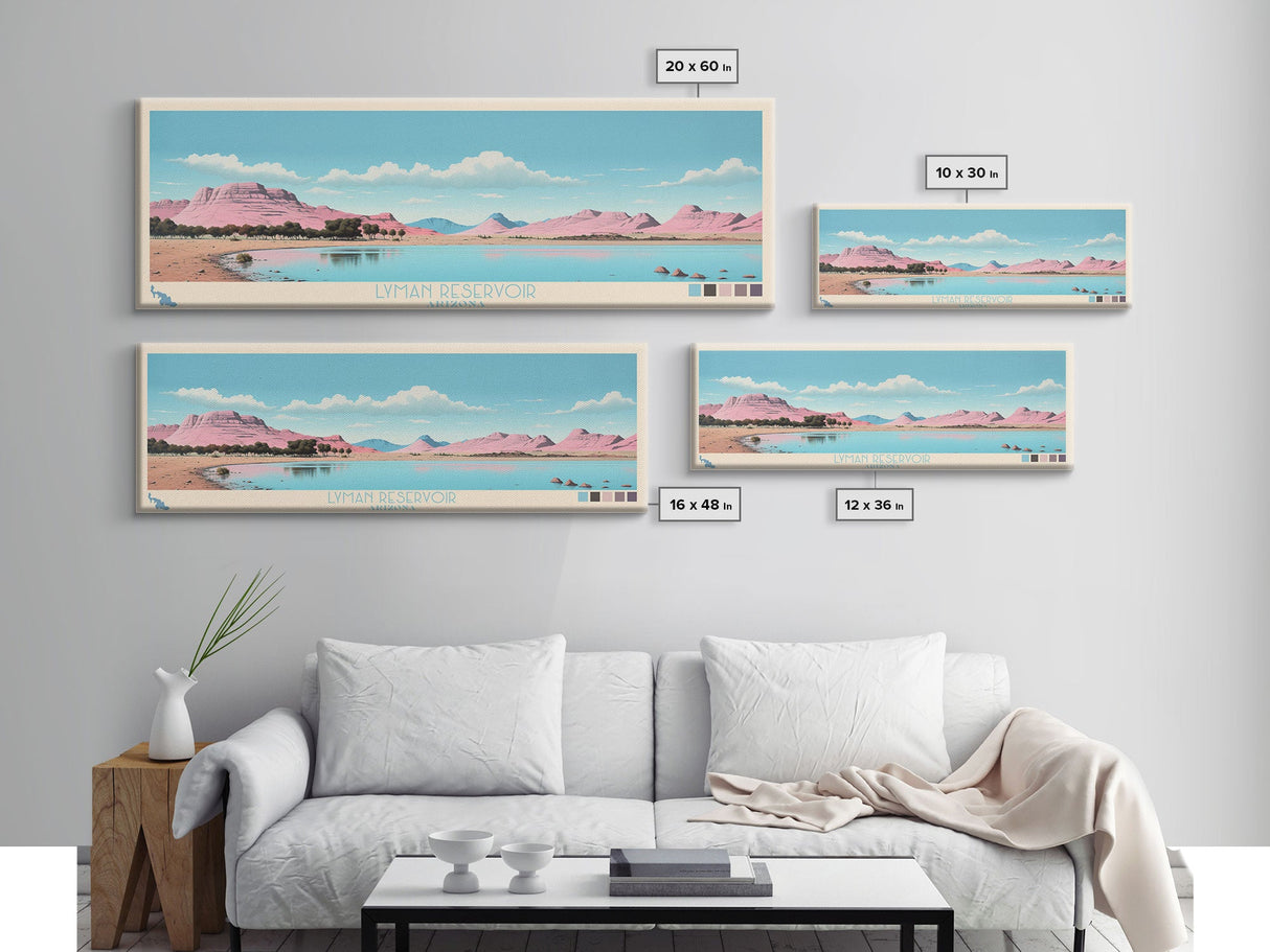 Lyman Reservoir, Arizona Panoramic Wall Art Framed Canvas Print, Midcentury Modern, Pop Art, Home Decor, Travel Poster, Bedroom Art