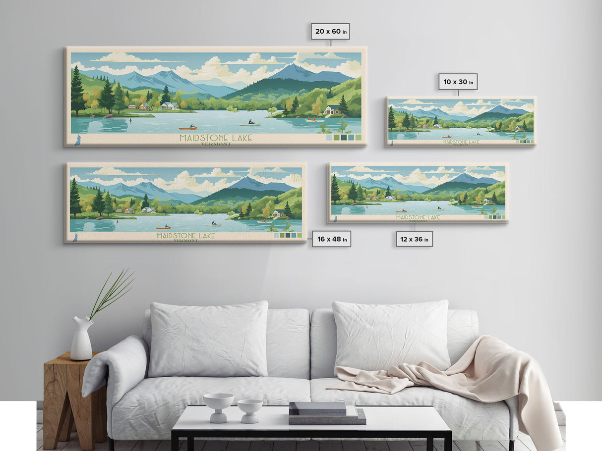 Maidstone Lake, Vermont Panoramic Wall Art Framed Canvas Print, Midcentury Modern, Pop Art, Home Decor, Travel Poster, Bedroom Art