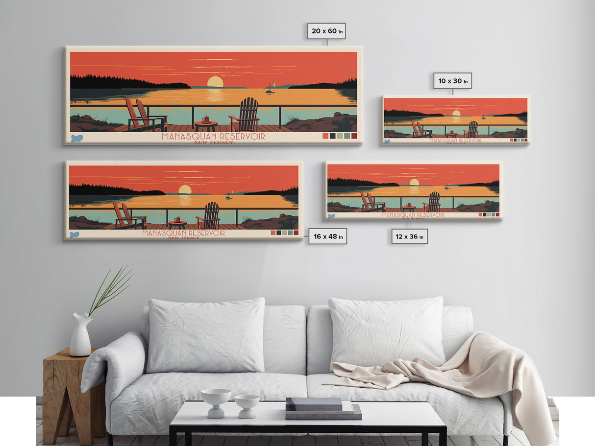 Manasquan Reservoir, New Jersey Panoramic Wall Art Framed Canvas Print, Midcentury Modern, Pop Art, Home Decor, Travel Poster, Living Room Art