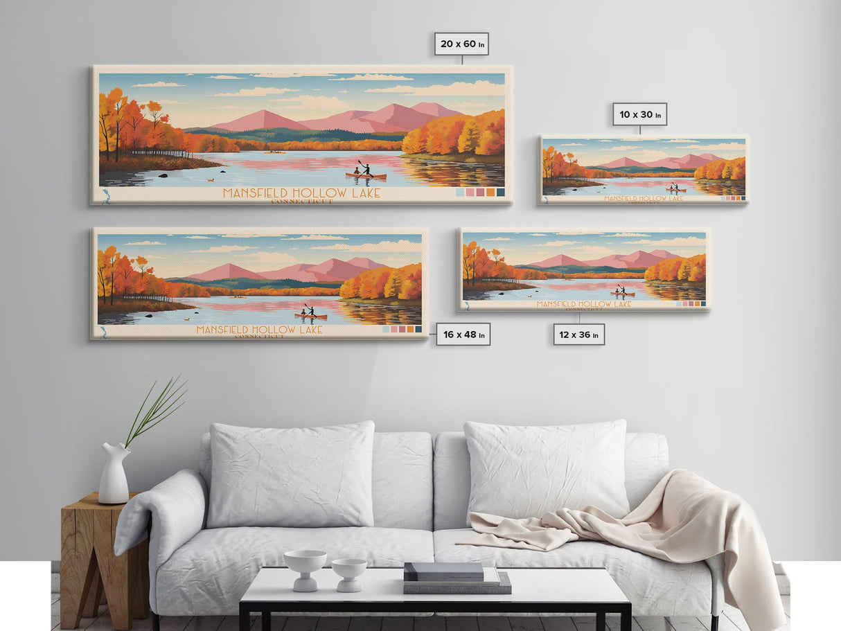 Mansfield Hollow Lake, Connecticut Panoramic Wall Art Framed Canvas Print, Midcentury Modern, Pop Art, Home Decor, Travel Poster, Living Room Art