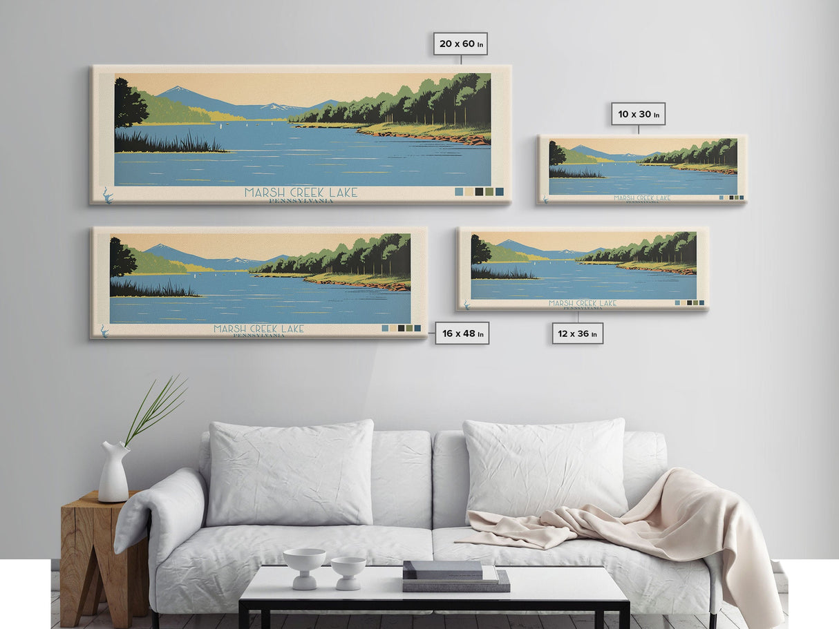 Marsh Creek Lake, Pennsylvania Panoramic Wall Art Framed Canvas Print, Midcentury Modern, Pop Art, Home Decor, Travel Poster, Bedroom Art