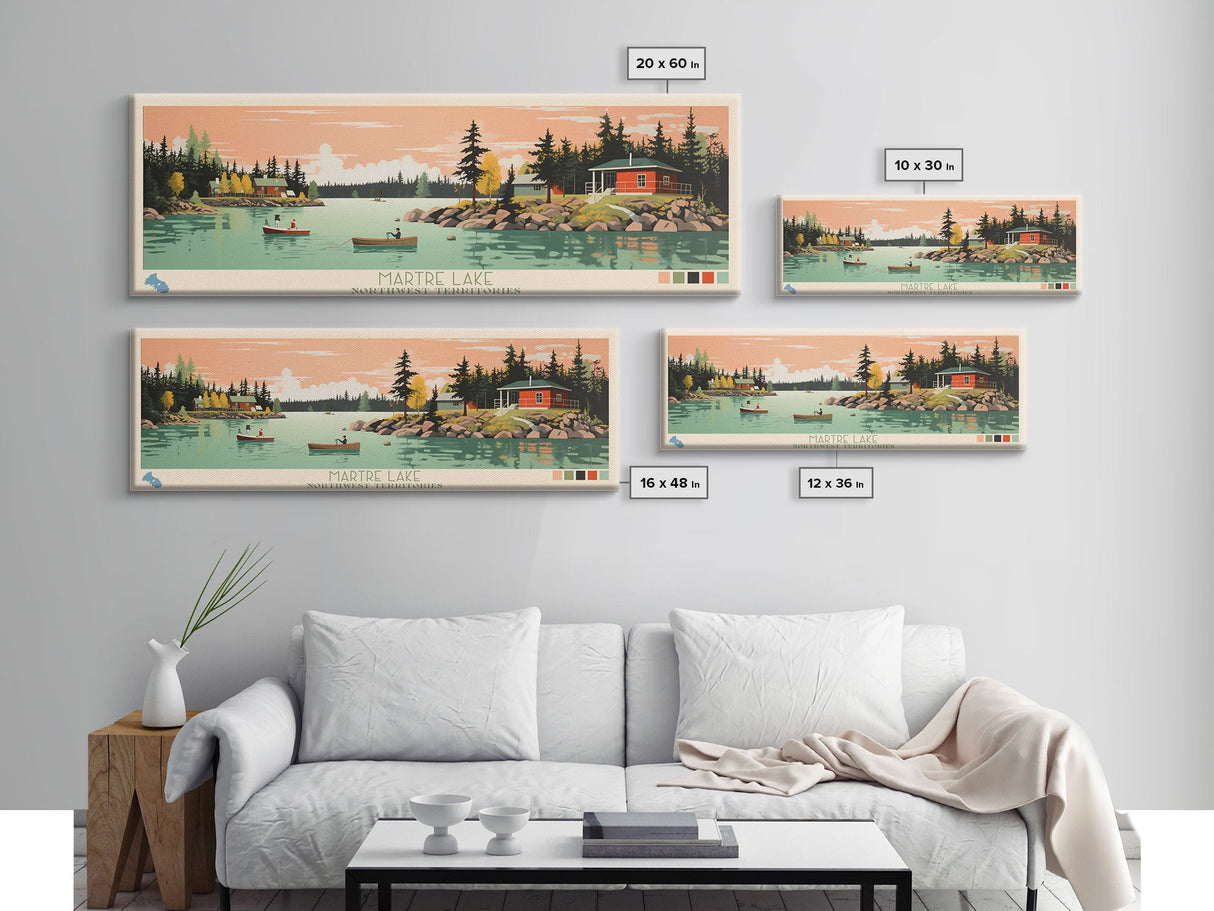 Martre Lake, Northwest Territories Panoramic Wall Art Framed Canvas Print, Midcentury Modern, Pop Art, Home Decor, Travel Poster, Living Room Art