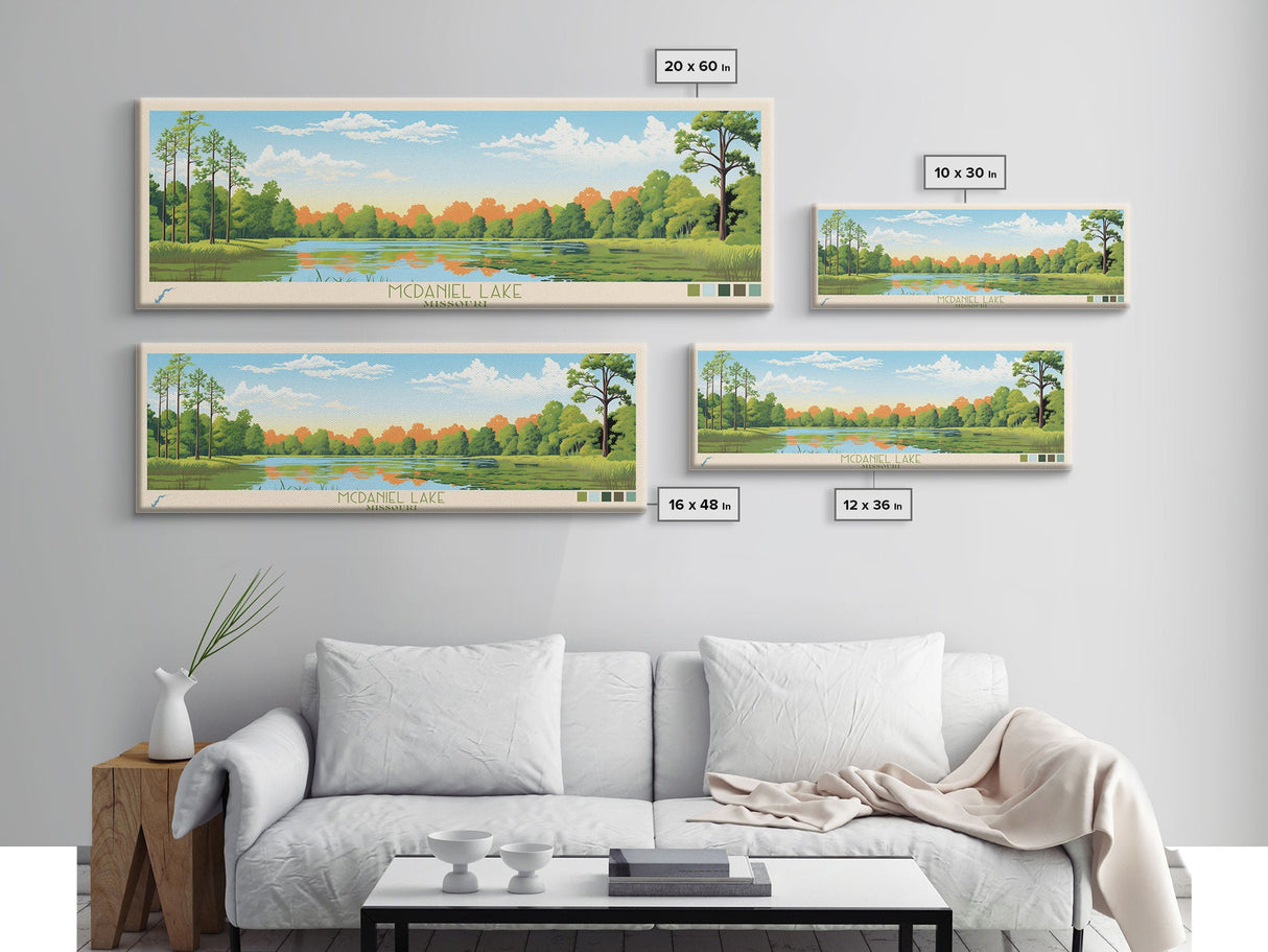 McDaniel Lake, Missouri Panoramic Wall Art Framed Canvas Print, Midcentury Modern, Pop Art, Home Decor, Travel Poster, Living Room Art