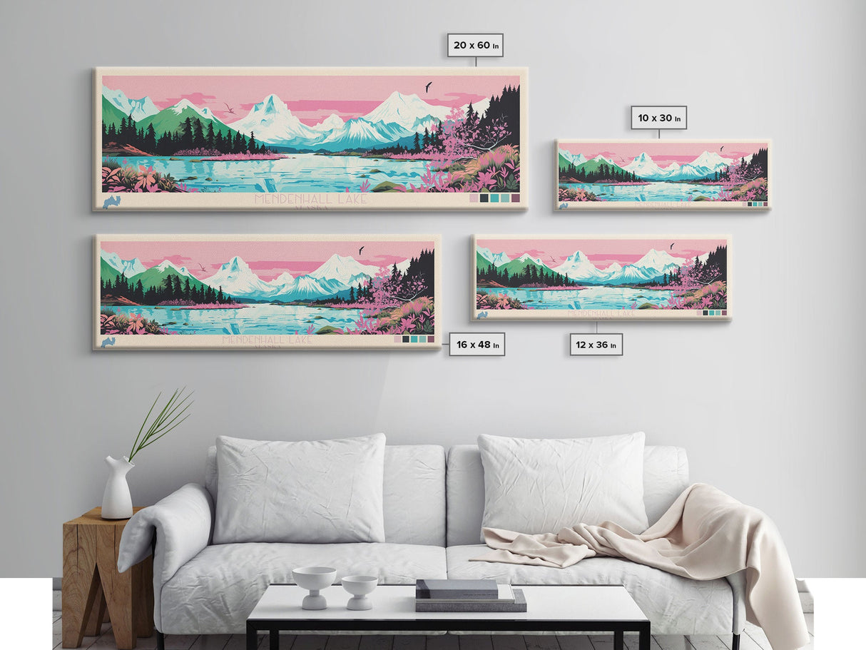 Mendenhall Lake, Alaska Panoramic Wall Art Framed Canvas Print, Midcentury Modern, Pop Art, Home Decor, Travel Poster, Living Room Art