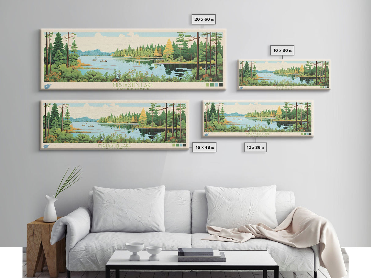 Mistastin Lake, New Brunswick Framed Canvas Print, Panoramic Wall Art, Midcentury Modern, Pop Art, Home Decor, Travel Poster, Living Room Art