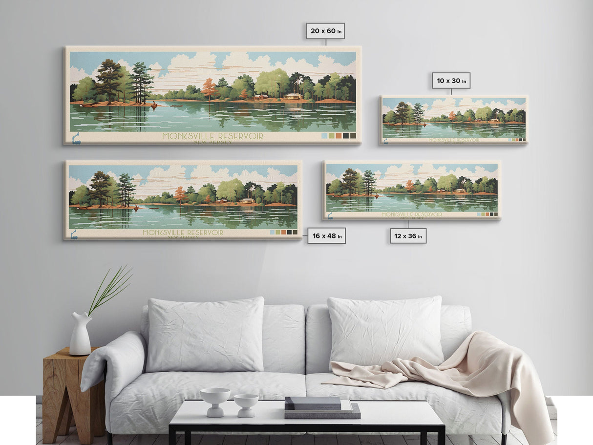 Monksville Reservoir, New Jersey Framed Canvas Print, Panoramic Wall Art, Midcentury Modern, Pop Art, Home Decor, Travel Poster, Living Room Art