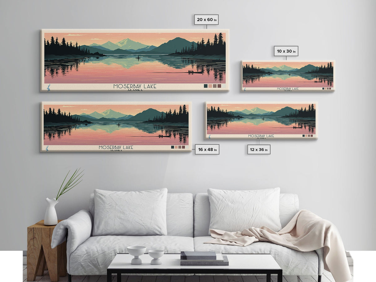 Moser Bay Lake, Alaska Framed Canvas Print, Panoramic Wall Art, Midcentury Modern, Pop Art, Home Decor, Travel Poster, Living Room Art