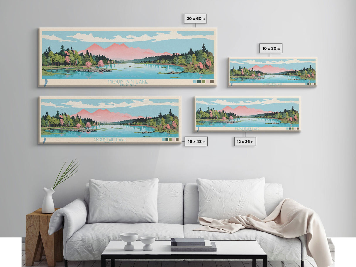 Mountain Lake, Virginia Framed Canvas Print, Panoramic Wall Art, Midcentury Modern, Pop Art, Home Decor, Travel Poster, Bedroom Art