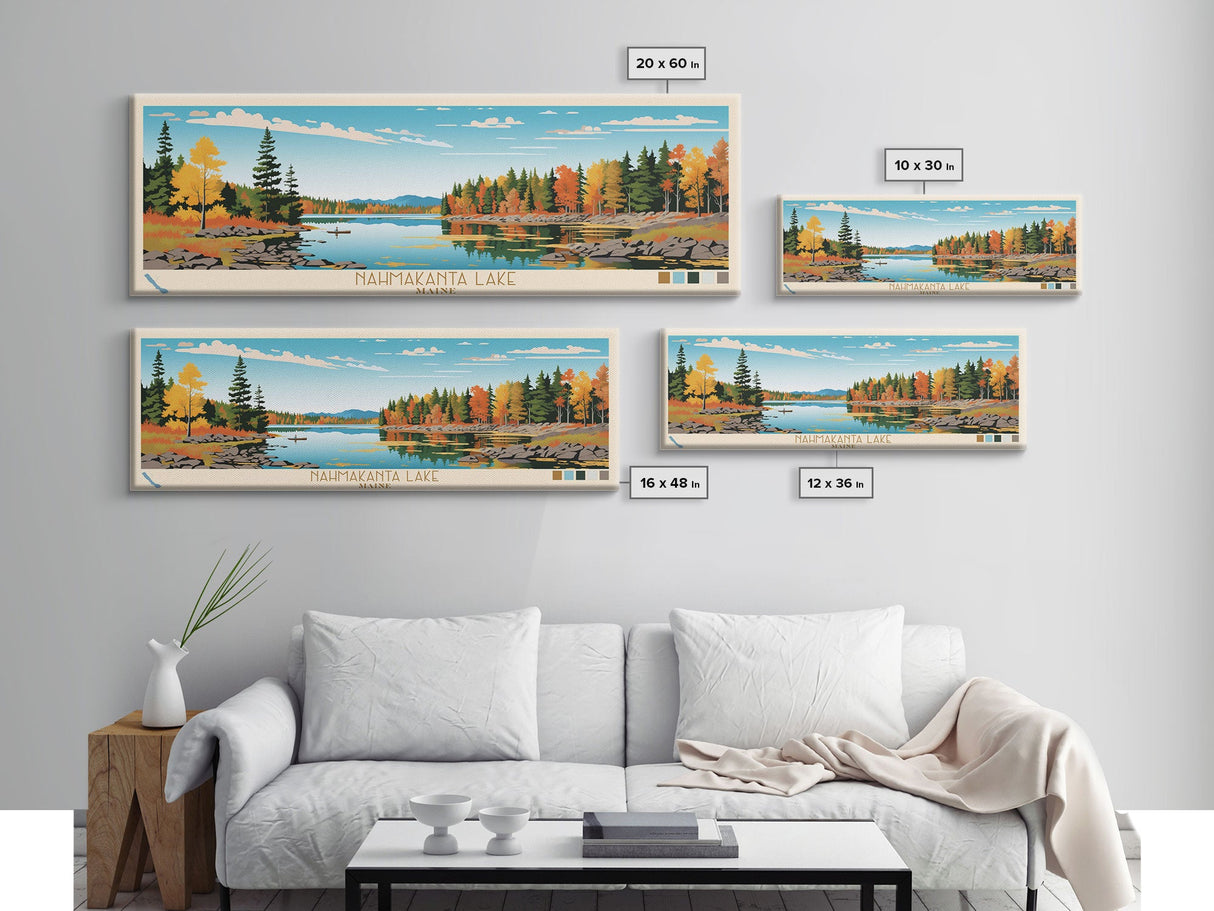 Nahmakanta Lake, Maine Framed Canvas Print, Panoramic Wall Art, Midcentury Modern, Pop Art, Home Decor, Travel Poster, Bedroom Art