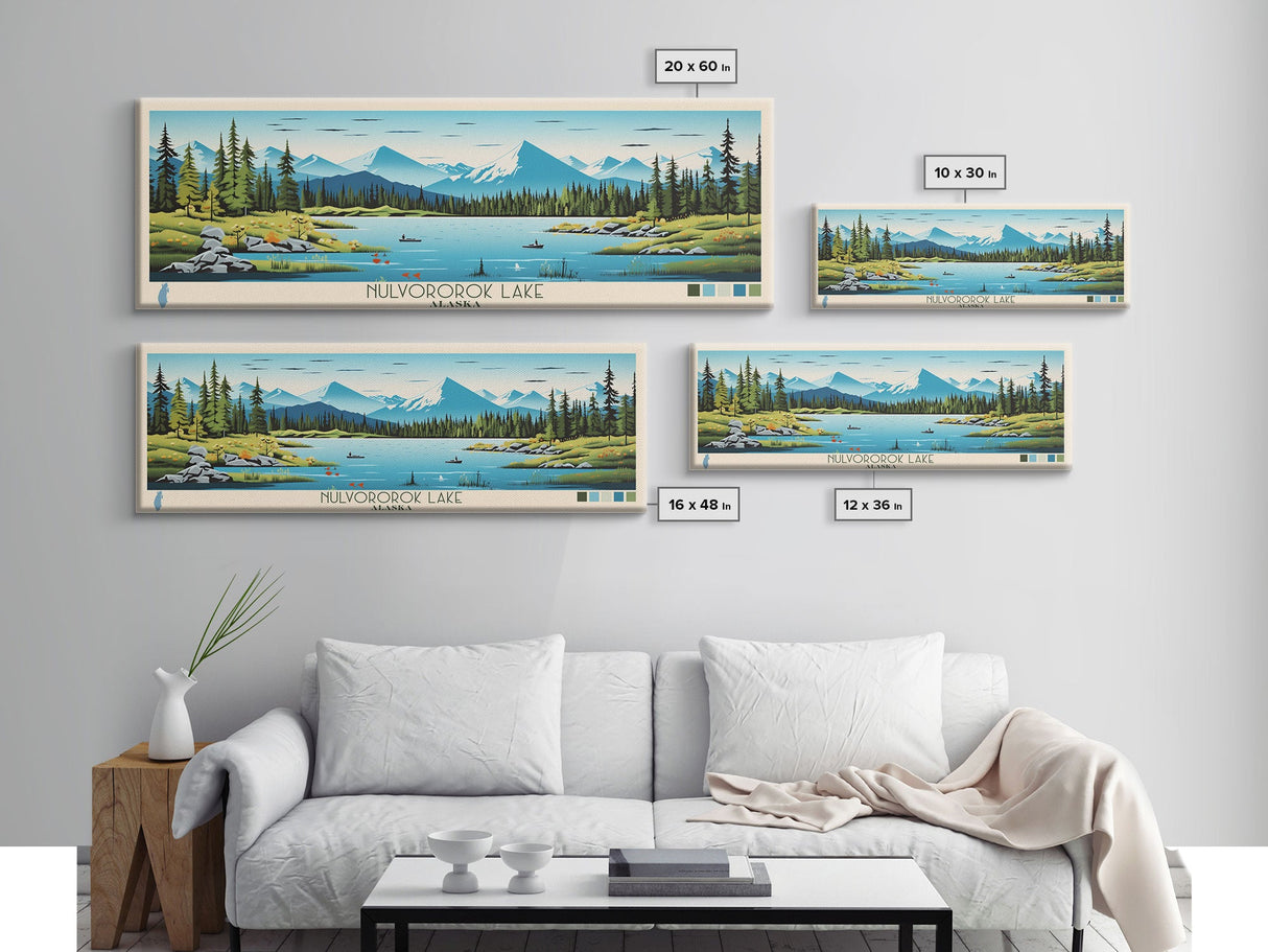 Nulvororok Lake, Alaska Framed Canvas Print, Panoramic Wall Art, Midcentury Modern, Pop Art, Home Decor, Travel Poster, Living Room Art