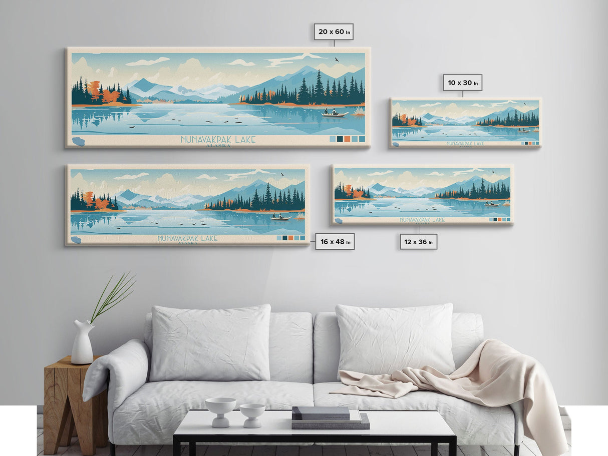 Nunavakpak Lake, Alaska Framed Canvas Print, Panoramic Wall Art, Midcentury Modern, Pop Art, Home Decor, Travel Poster, Bedroom Art