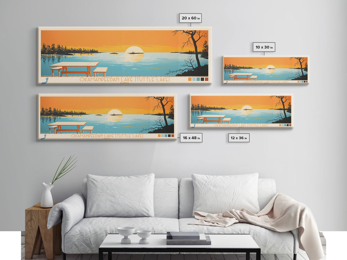 Okamanpeedan Lake (Tuttle Lake), Iowa Framed Canvas Print, Panoramic Wall Art, Midcentury Modern, Pop Art, Home Decor, Travel Poster, Bedroom Art