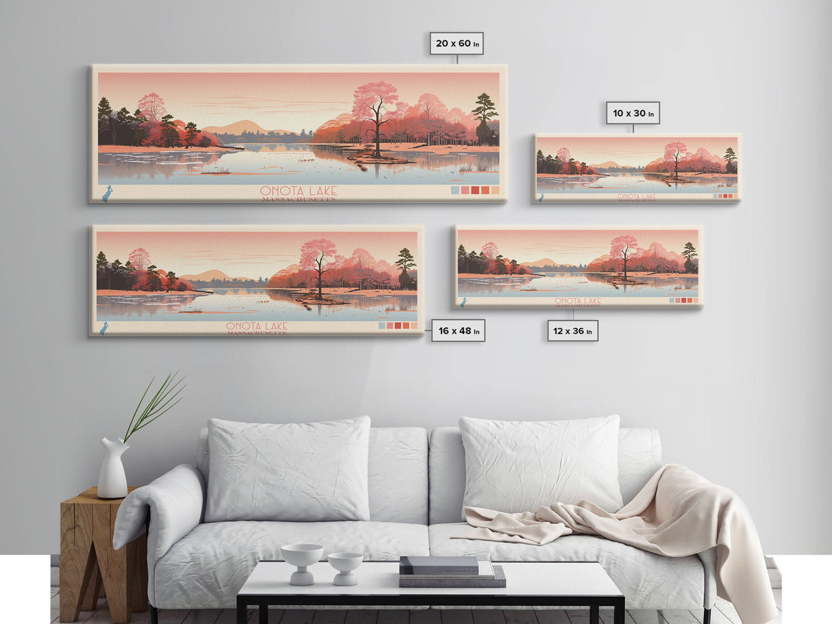 Onota Lake, Massachusetts Framed Canvas Print, Panoramic Wall Art, Midcentury Modern, Pop Art, Home Decor, Travel Poster, Living Room Art