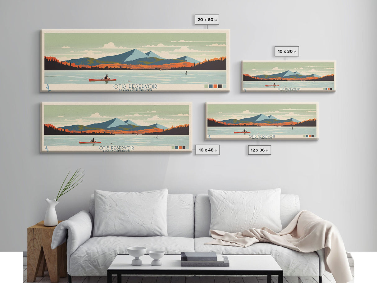 Otis Reservoir, Massachusetts Framed Canvas Print, Panoramic Wall Art, Midcentury Modern, Pop Art, Home Decor, Travel Poster, Living Room Art