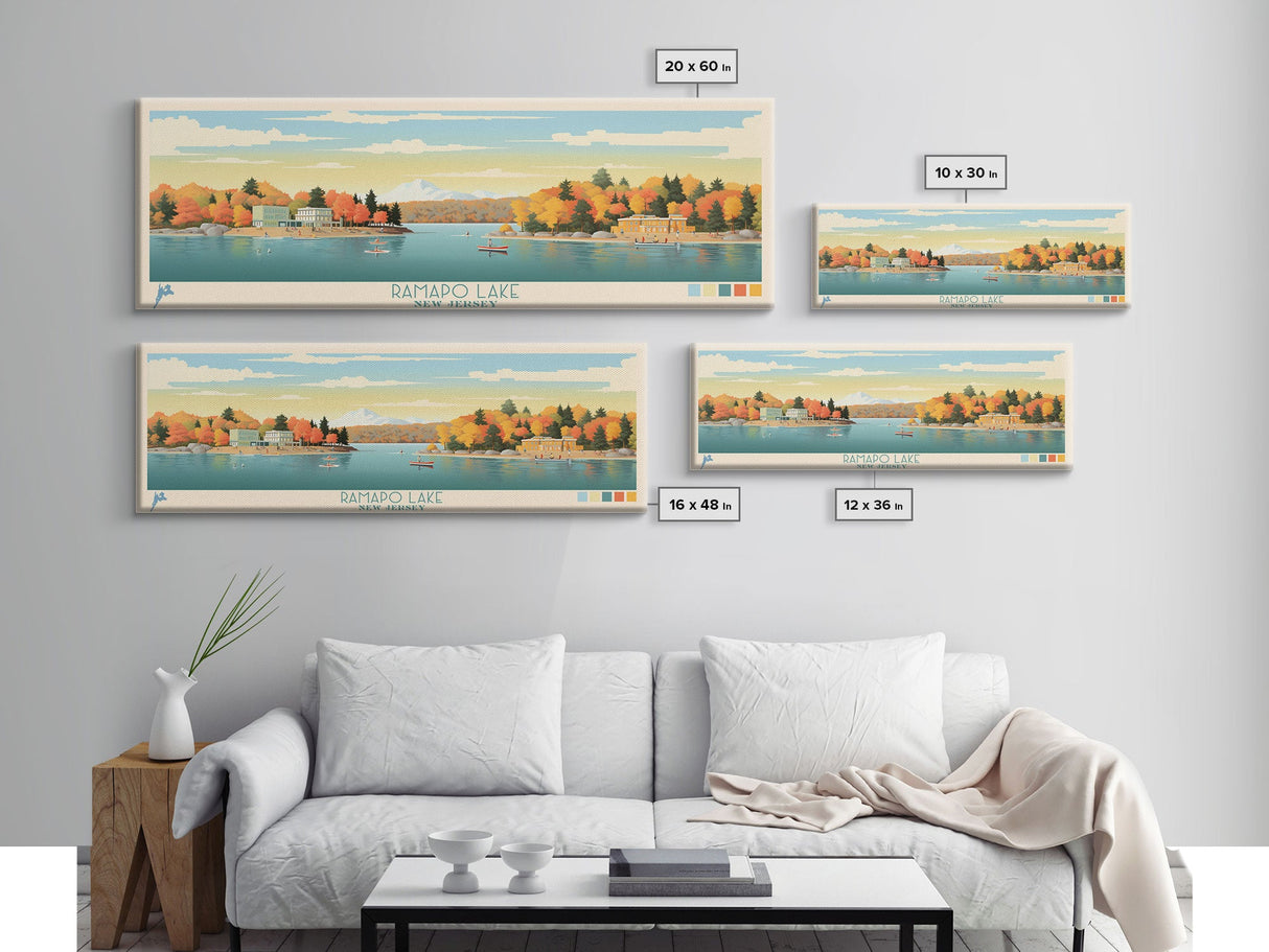 Ramapo Lake, New Jersey Framed Canvas Print, Home Decor, Midcentury Modern, Panoramic Travel Poster, Pop Art, Wall Art